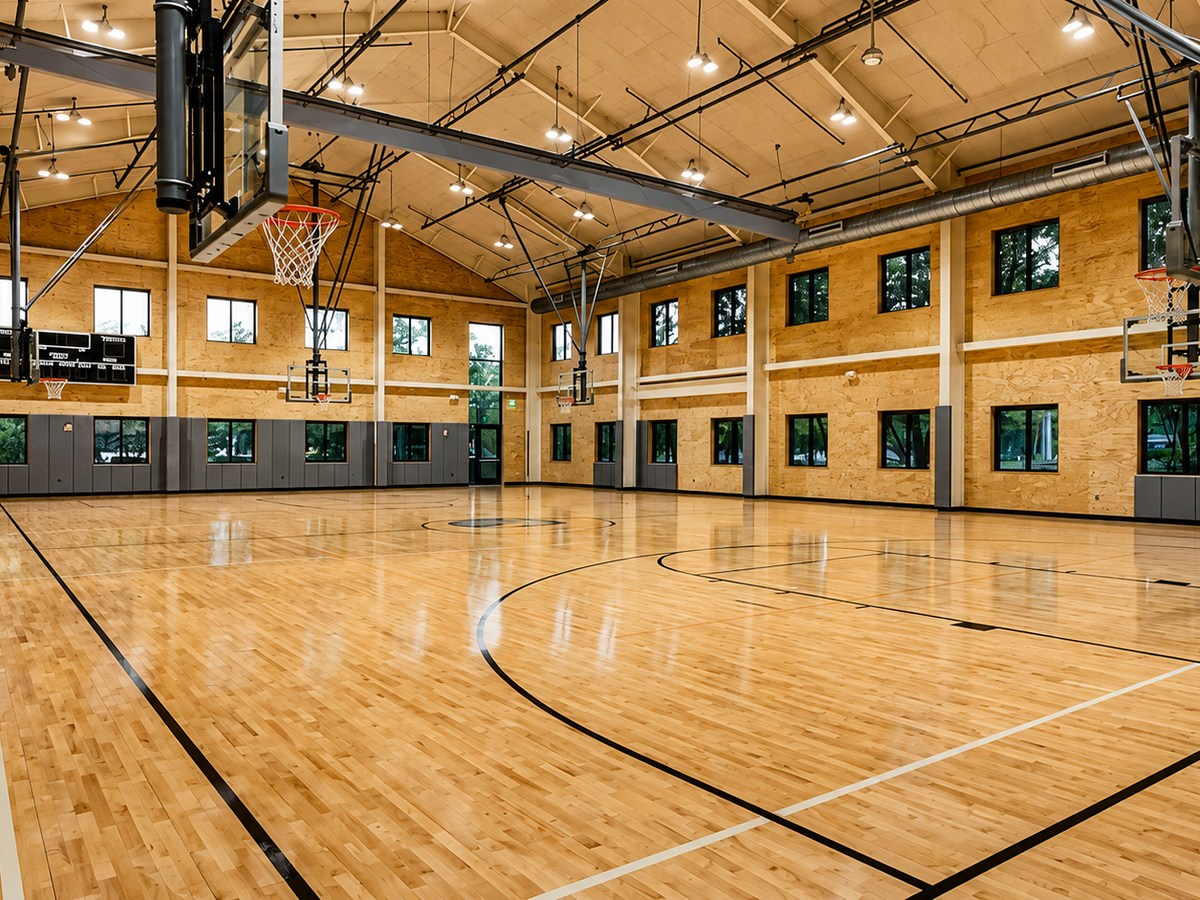 The hardwood basketball court at R4 Gym with six baskets