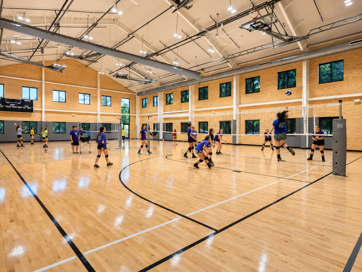 A volleyball match in progress on the R4 Gym court
